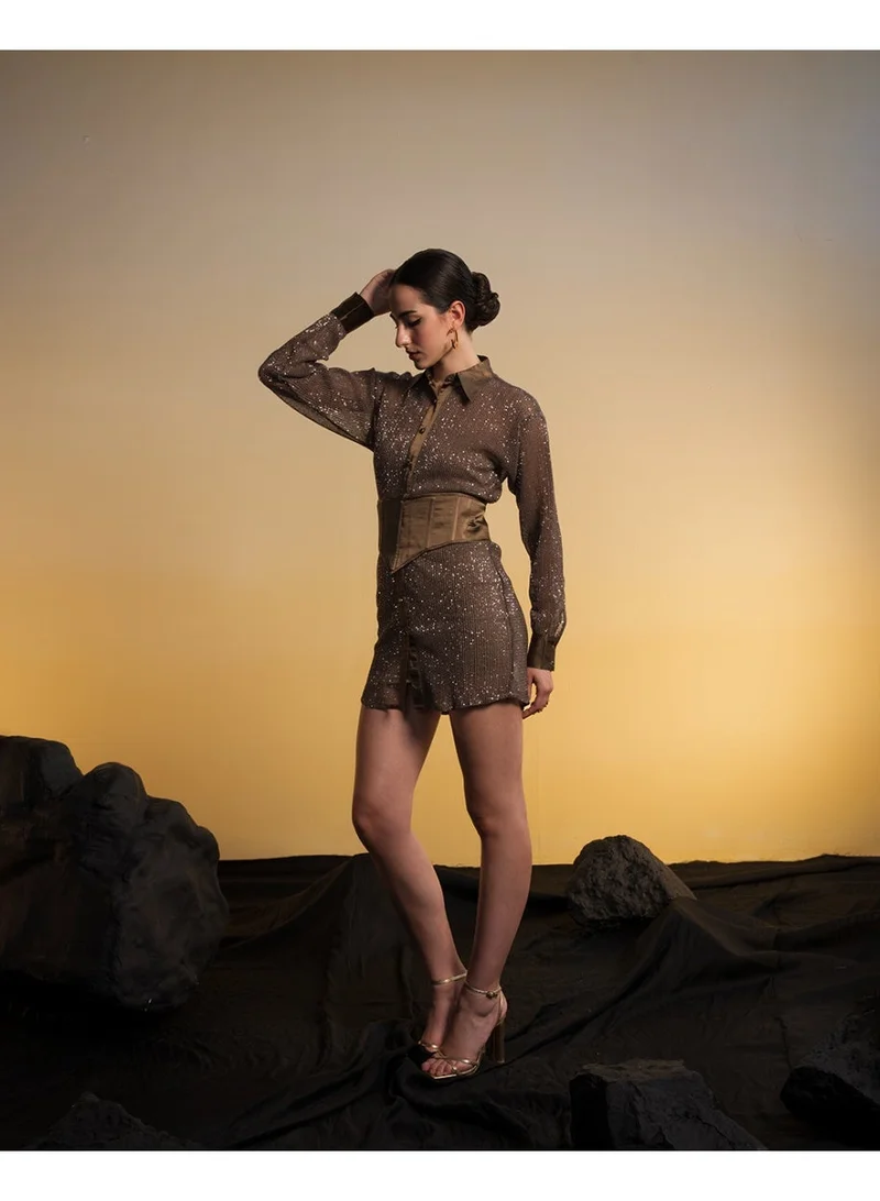 Ohsofly  Women’s Embroidered Shirt Dress with Customized Satin Belt, Sleek Fit and Sophisticated Appeal, High-Quality Finish and Modern Style for Casual Wear and Social Events for Women | Best Price UAE